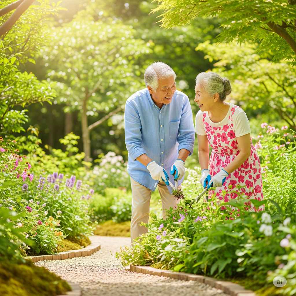 夏の日差しの中で庭仕事をする夫婦